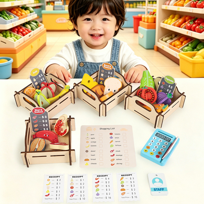 Toy Cash Register - Wooden Supermarket Pretend Play Set, Kids
